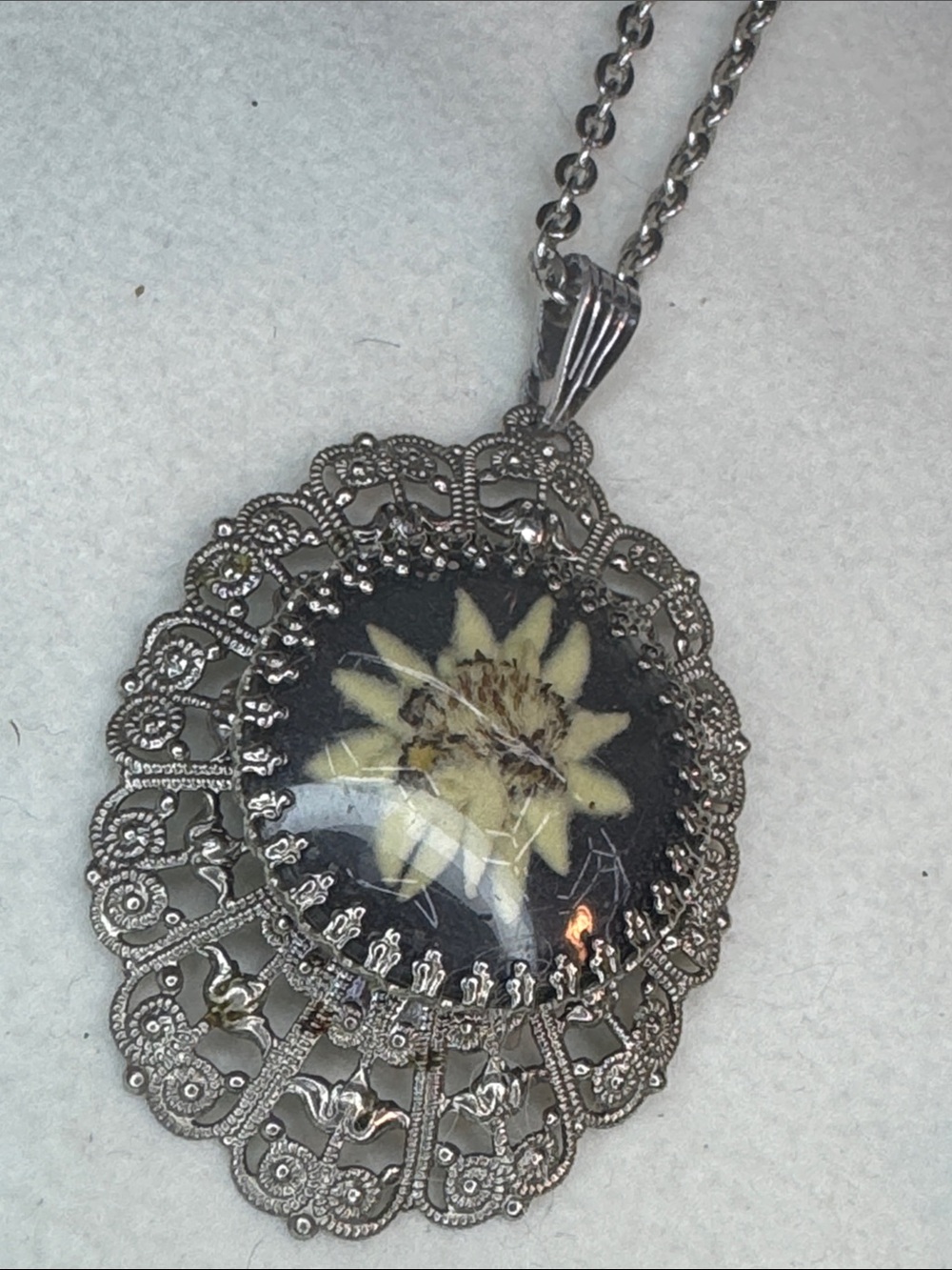 Silver-Tone Filigree Necklace with Yellow Floral Pendant